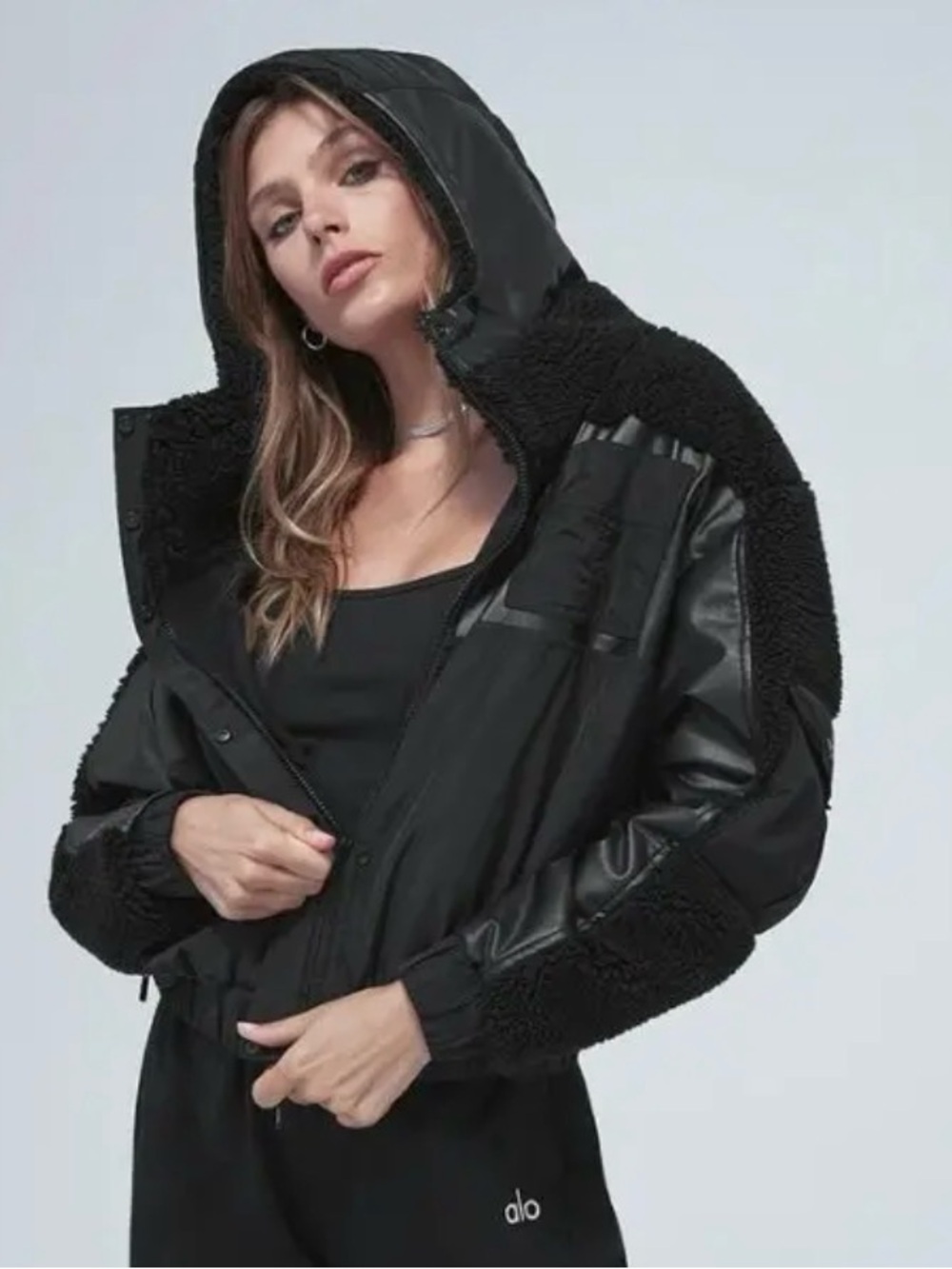 Black Hooded Mixed-Material Bomber Jacket